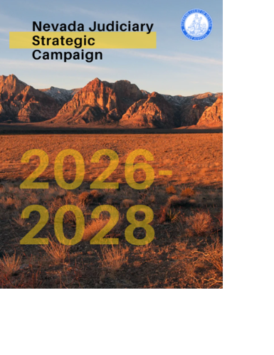 Cover graphic for Nevada Judiciary Strategic Campaign 2026&ndash;2028, featuring a desert foreground and red rock mountains at sunset.