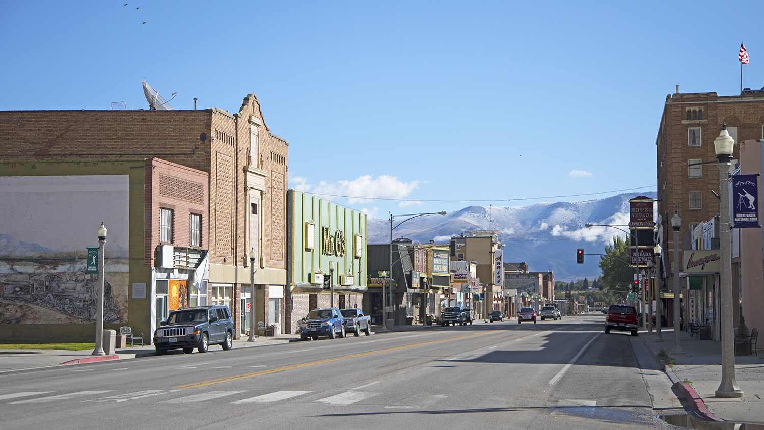 A photo of main street Ely taken on a summer day with a blue sky