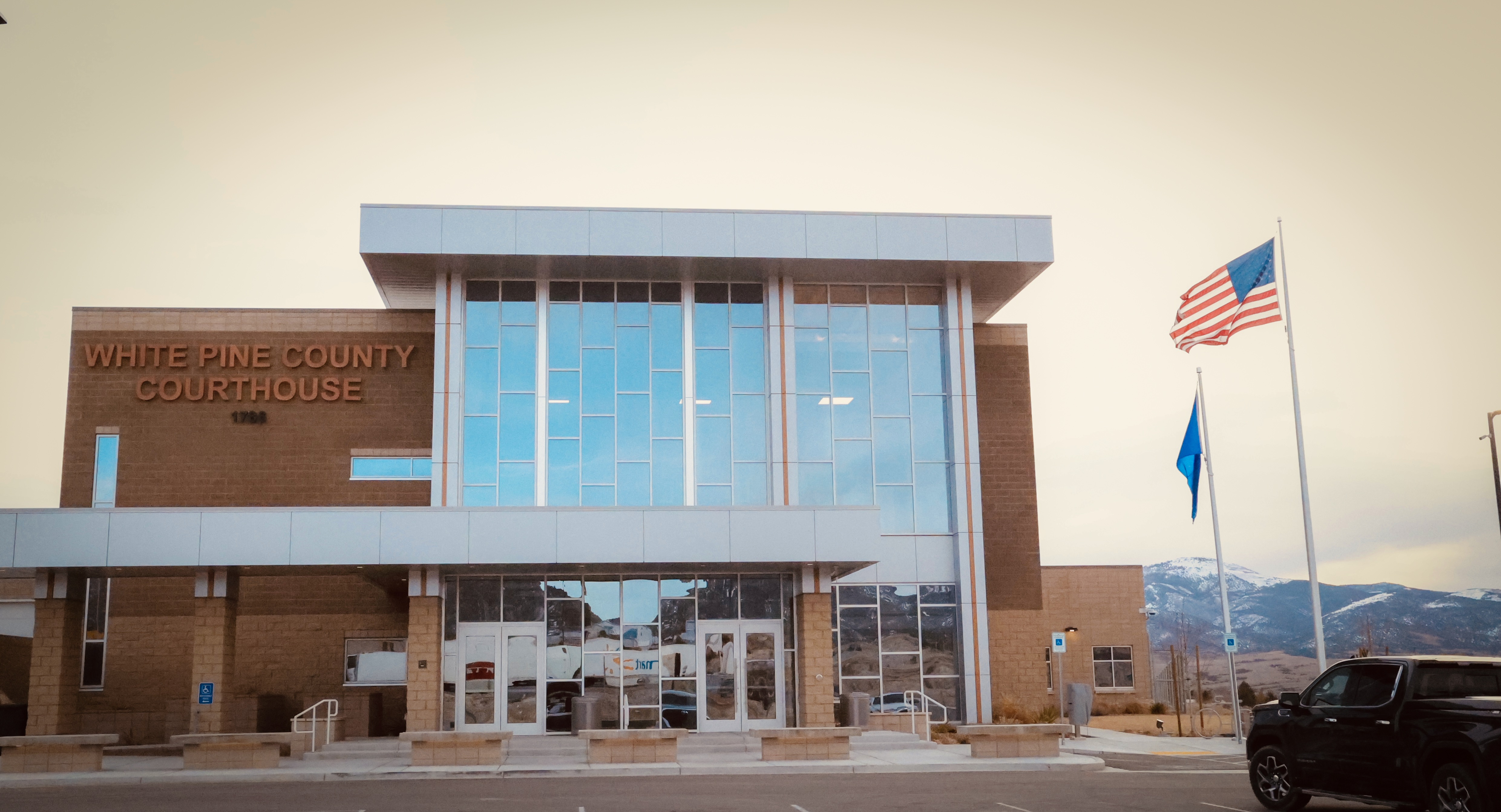 A photo of the front of the White Pine county Courthouse