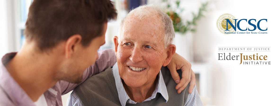 Man hugging an elderly, smiling