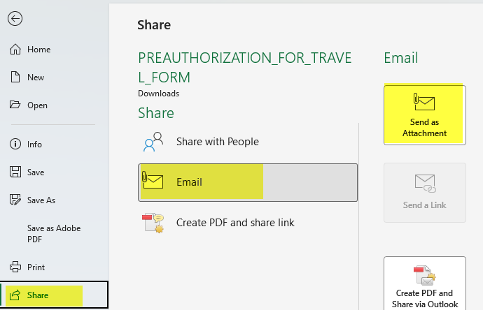Screenshot of steps showing how to email the excel form