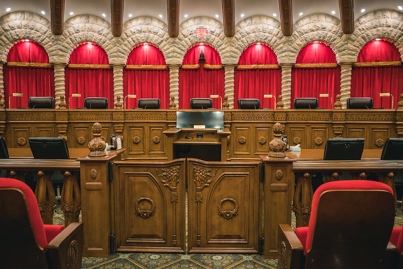 A photo of the bench taken from the back of the room in the Las Vegas supreme Court building. 